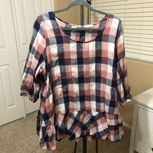 easel Peplum Pink and Navy Buffalo Plaid Top